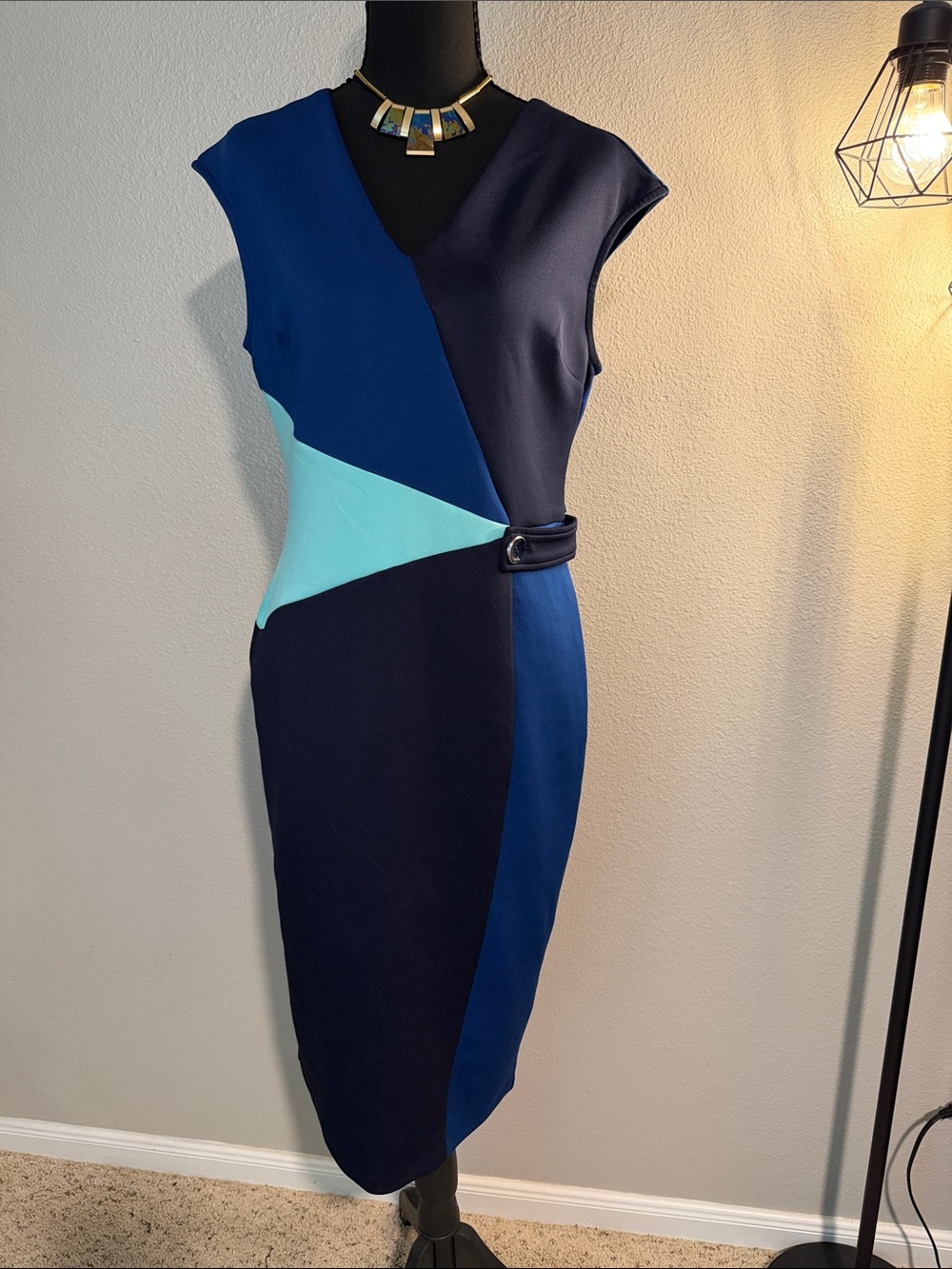 New York & Company Navy, Royal Blue & Teal Colorblock Midi Sheath Dress